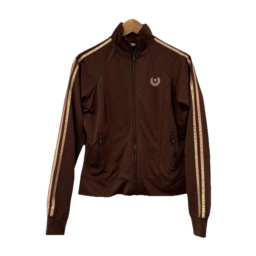 LA Kitty Vintage Y2K Track Jacket Size Large Brown Gold Stripes Embroidered Jrs